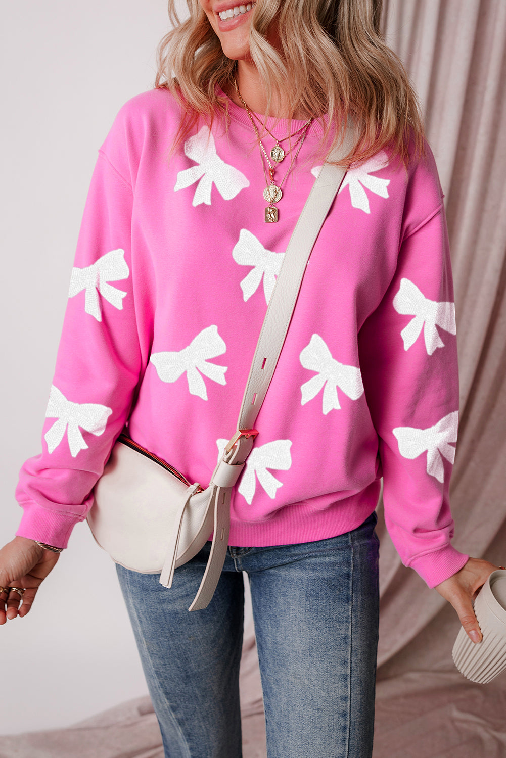 Sparkling bowknot graphic drop shoulder pullover sweatshirt