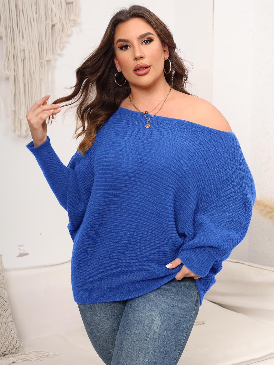 Full Size Boat Neck Batwing Sleeve Sweater.