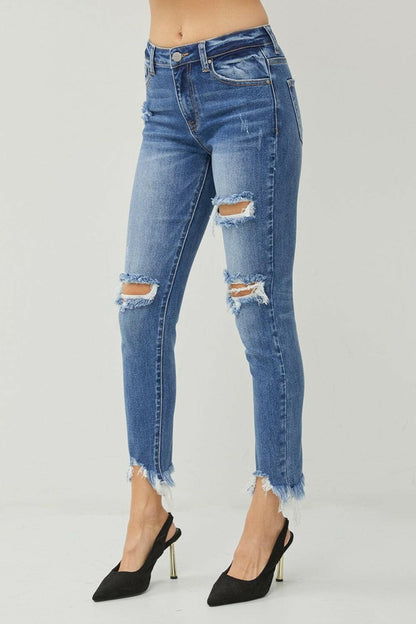 RISEN Distressed Frayed Hem Slim Jeans.