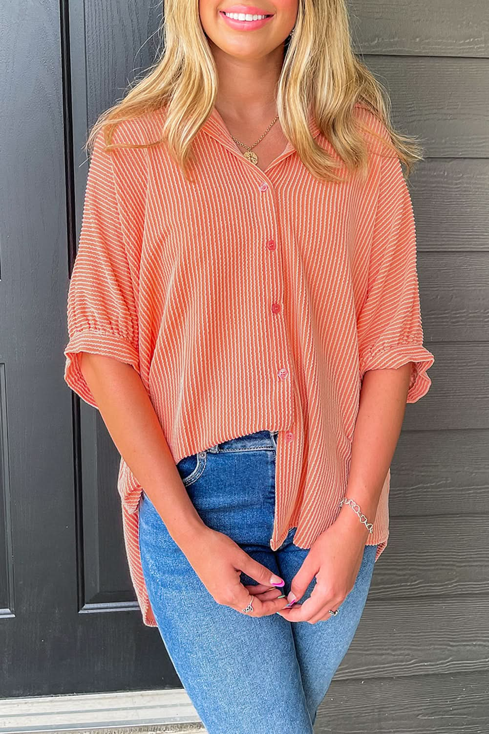 Grapefruit Orange Corded High Low Hem Casual Button-Up Shirt with Half Sleeves