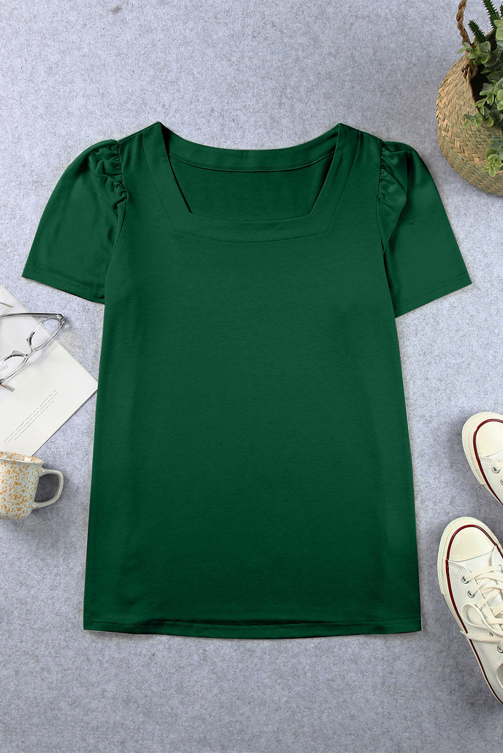 Chic green plus size square neck top with ruched shoulders