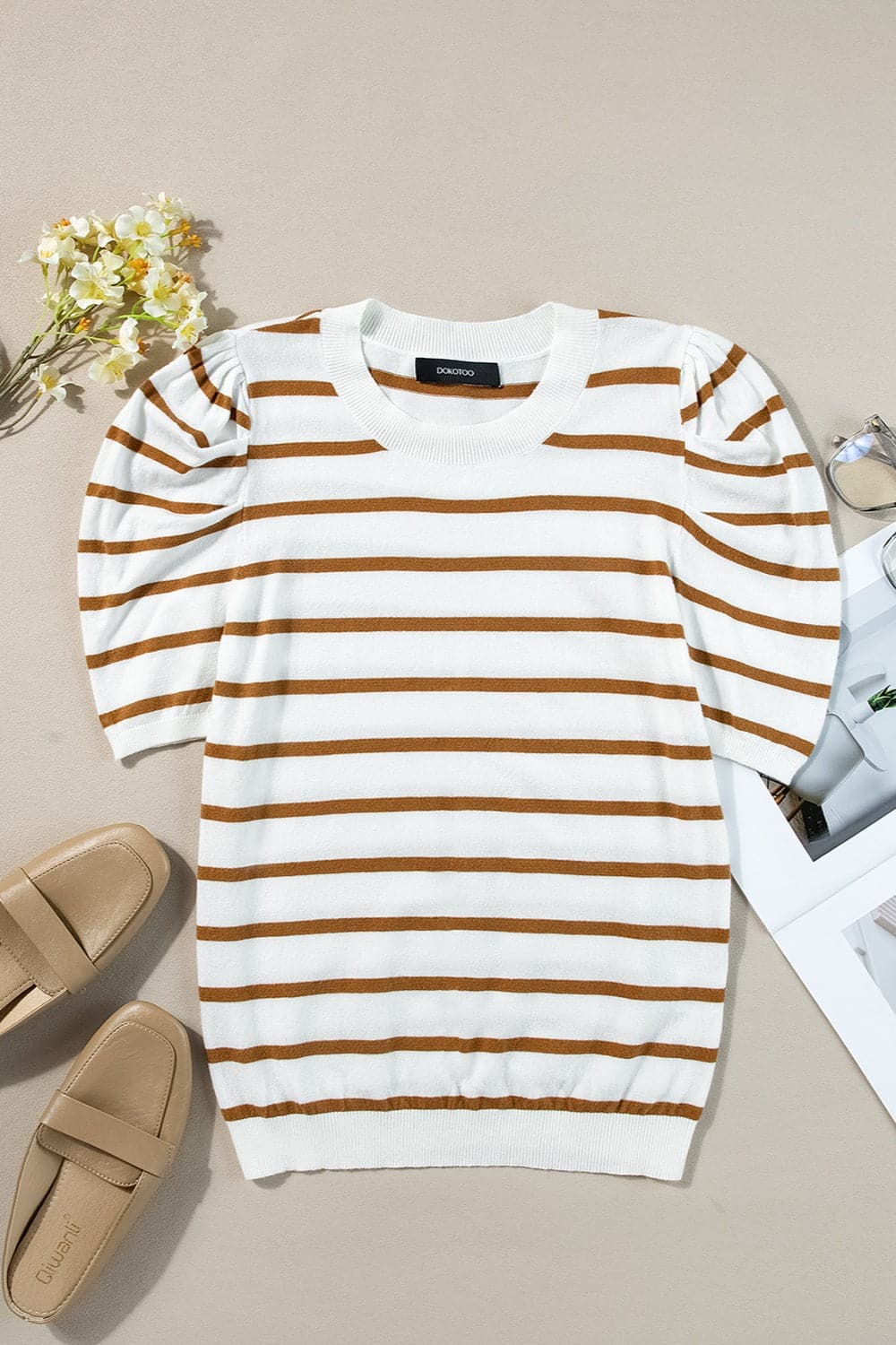 Striped Round Neck Puff Sleeve Knit Top.