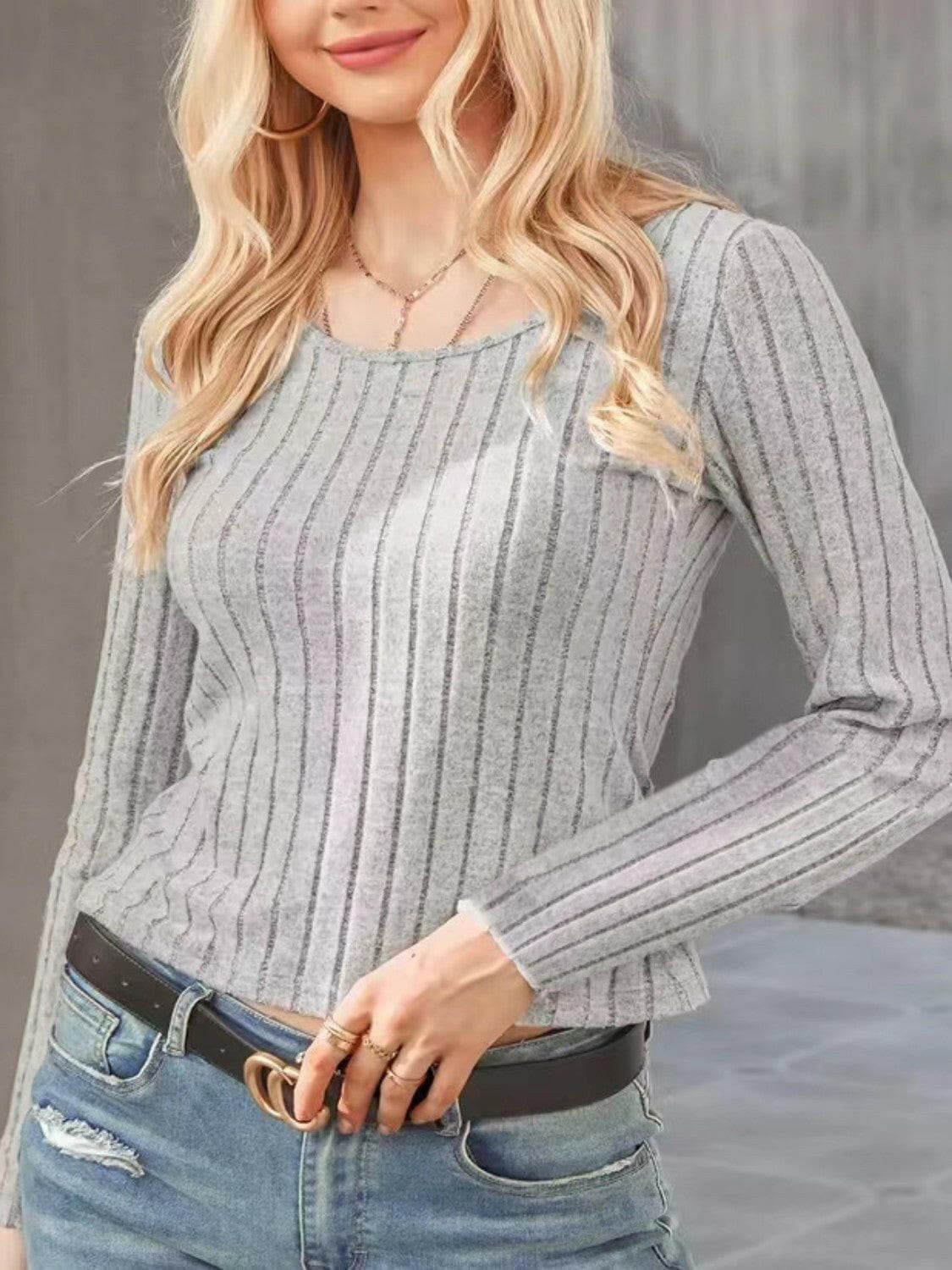 Ribbed Round Neck Long Sleeve Knit Top.