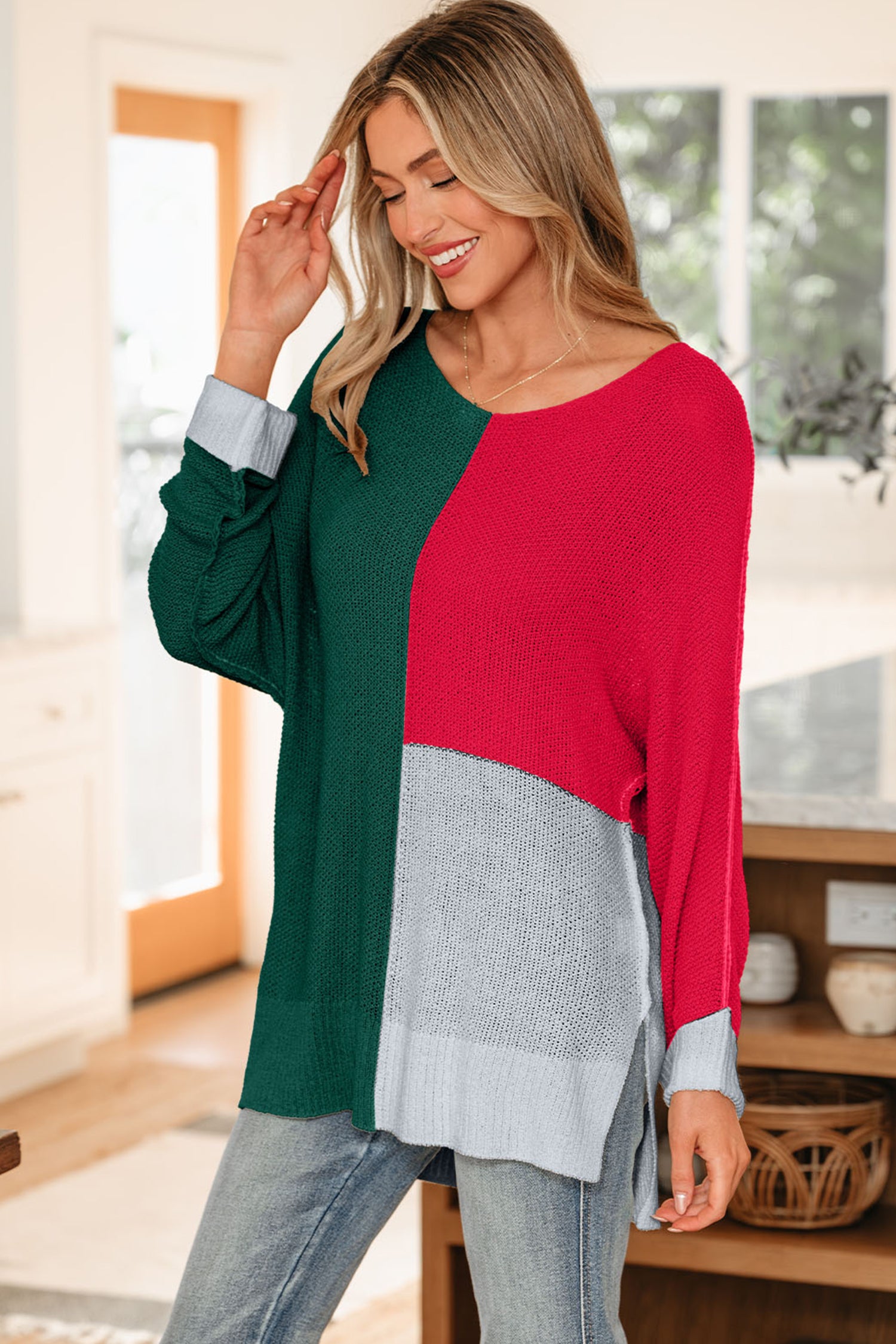 Evergreen Color Block Knit V Neck Loose Sweater for Women - Love Salve