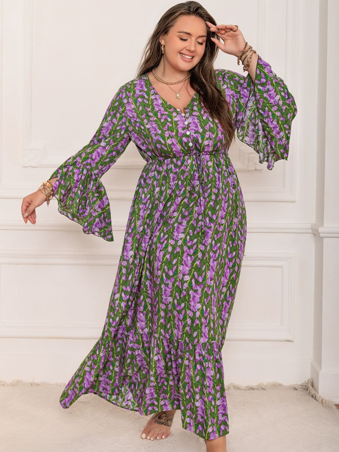 Plus Size Printed V-Neck Long Sleeve Maxi Dress.