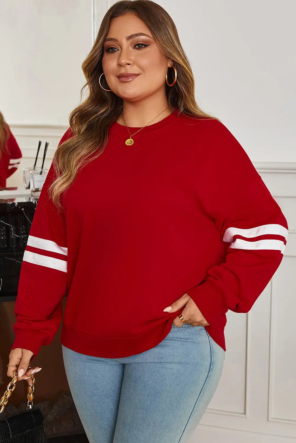 Fiery Red Varsity Striped Detail Crew Neck Plus Sweatshirt Dear-Lover Dropshipping