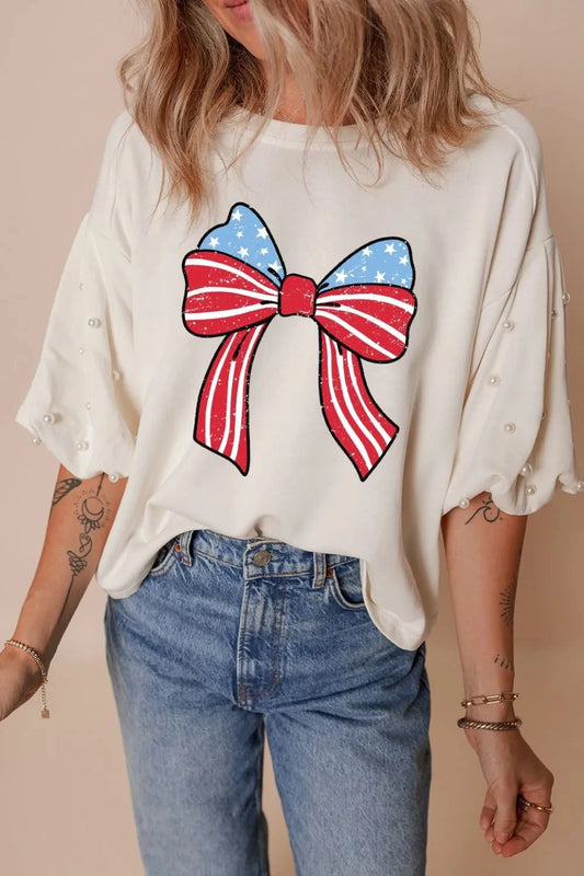 Bowknot Graphic Pearl Puff Half Sleeve T Shirt Simply Love