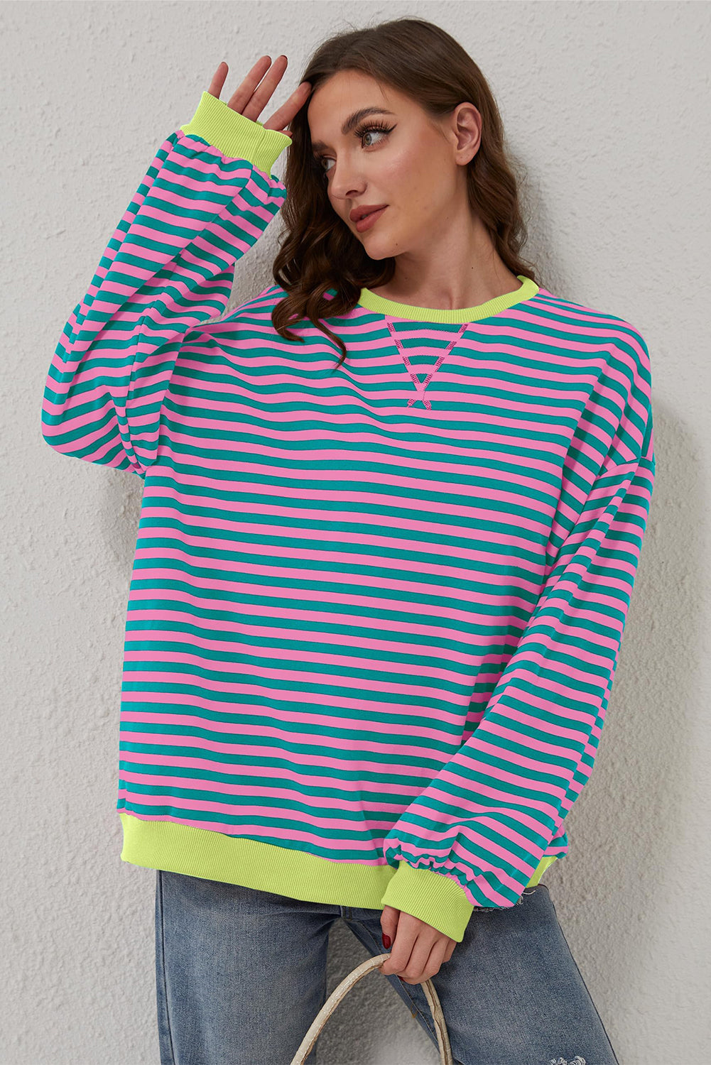 Trendy green striped oversized pullover with contrast detailing