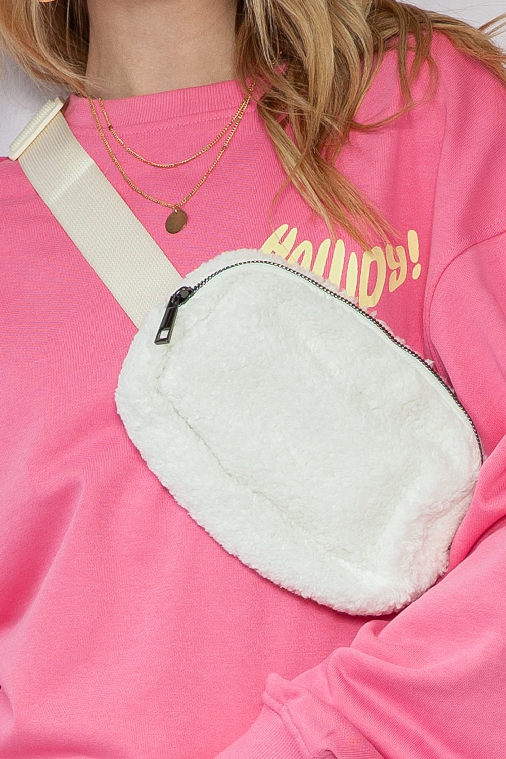 Chic bright white sherpa crossbody bag with adjustable strap