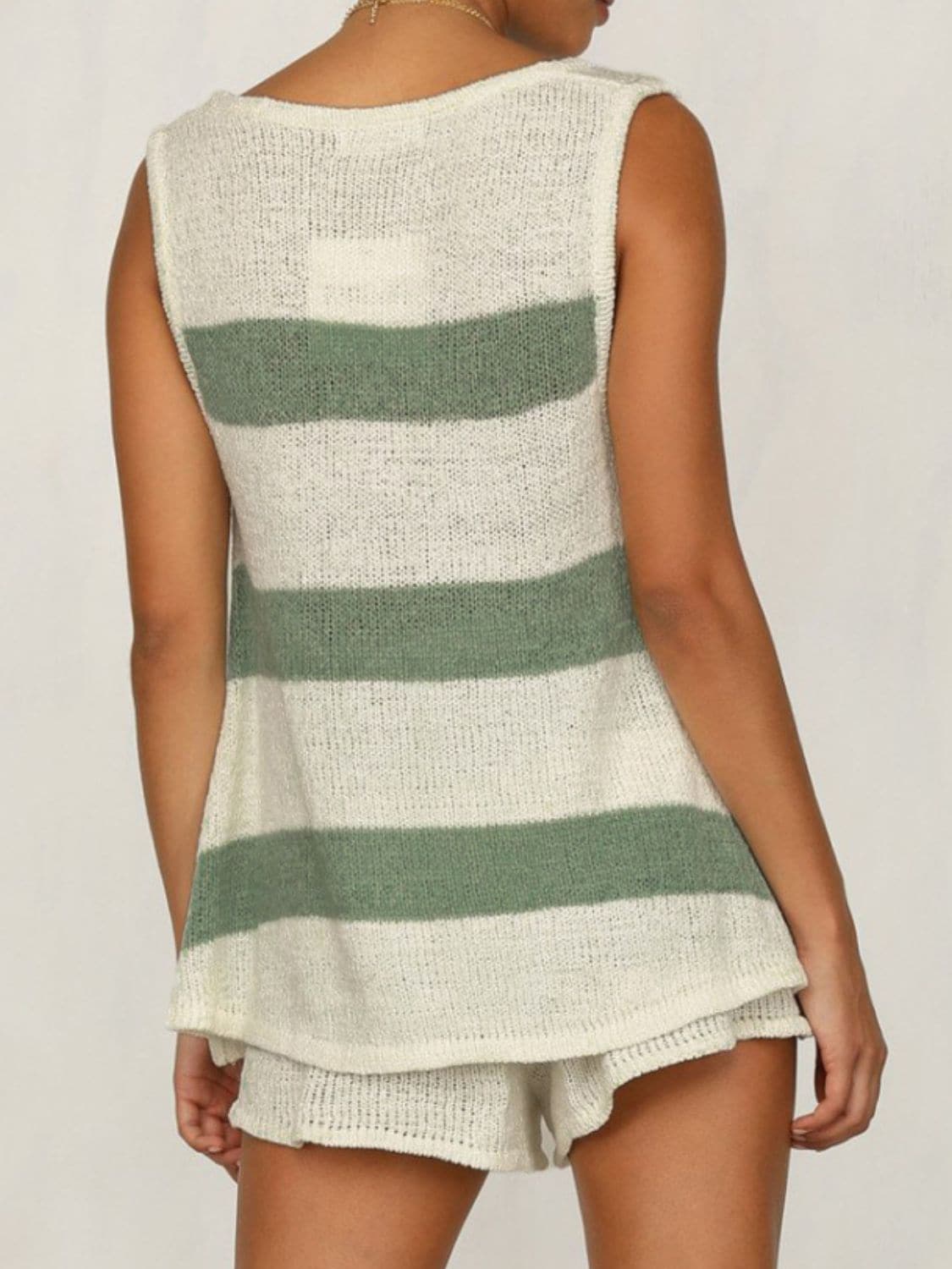 V-Neck Sleeveless Top and Drawstring Shorts Sweater Set.