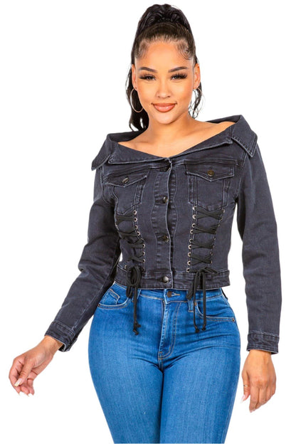 Trendy off-shoulder lace-up denim jacket for a chic look