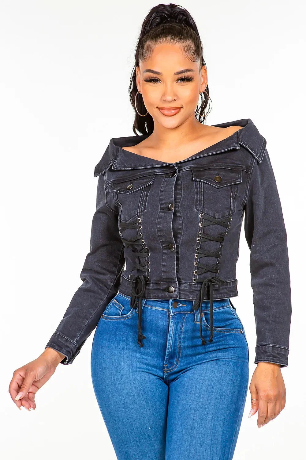 American Bazi Off Shoulder Lace Up Denim Jacket Coco’s Tee Boutique
