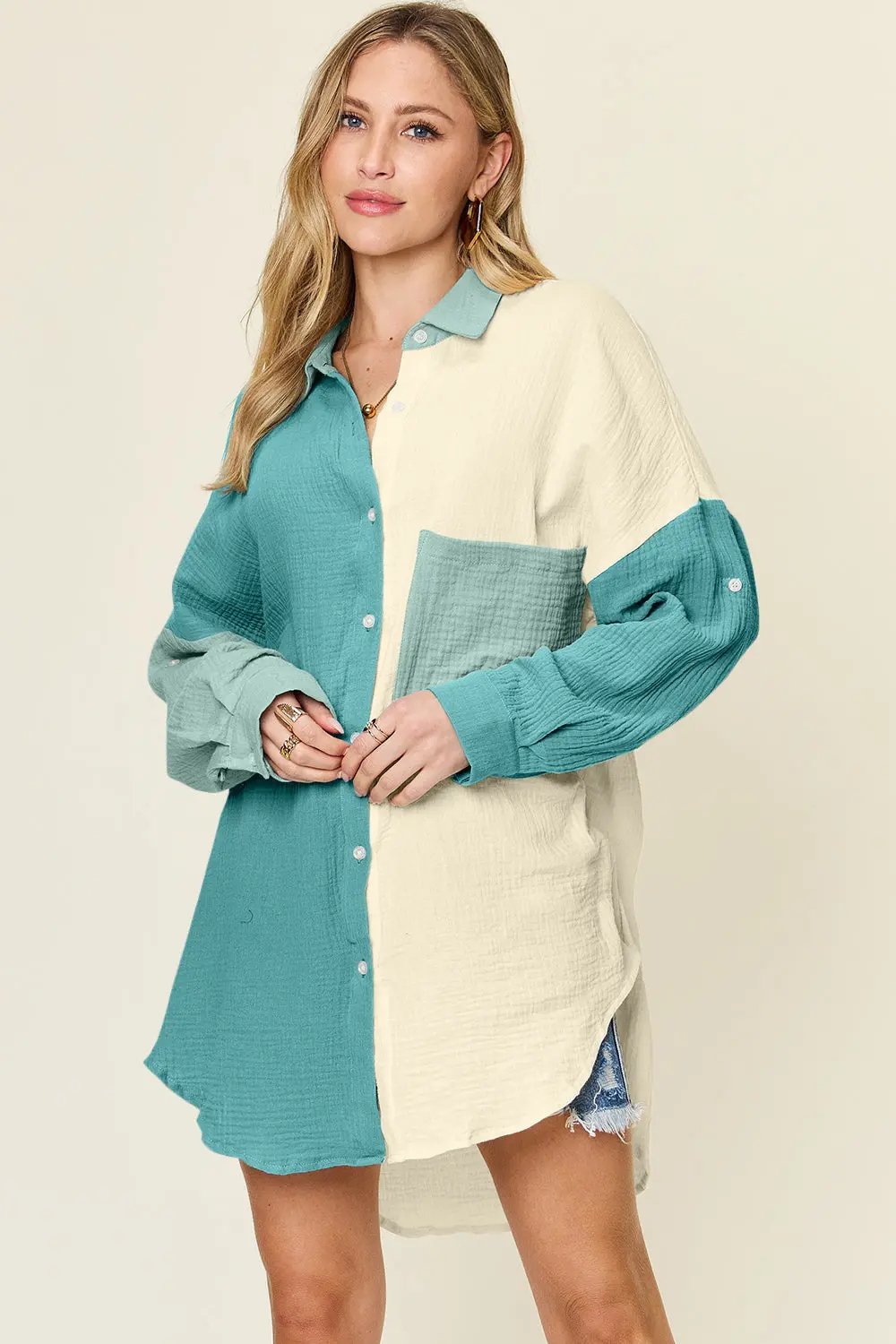 Double Take Full Size Pocketed Texture Button Up Shirt - Love Salve