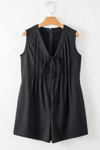 Black White Tie V Neck Pintuck Sleeveless Loose Romper