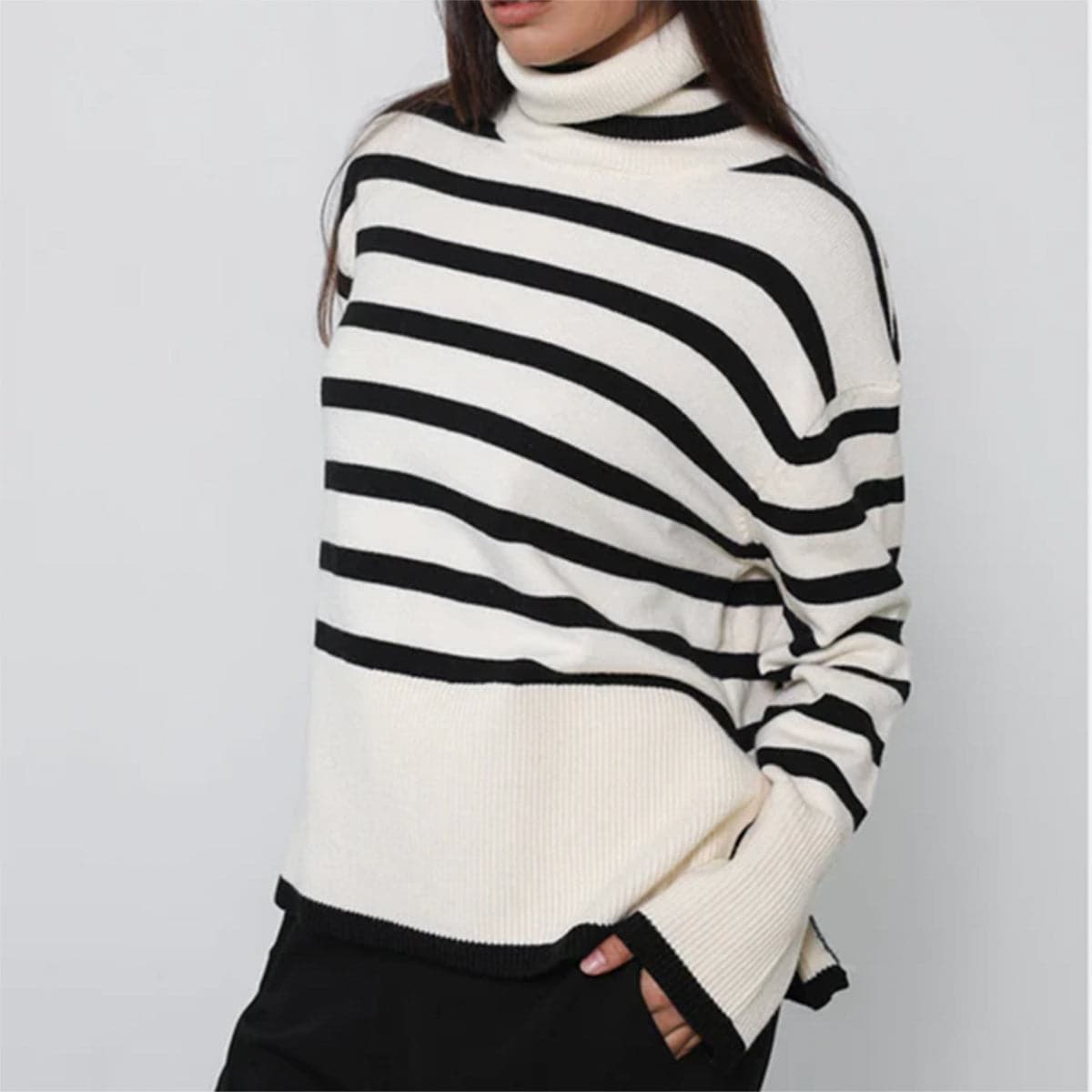 Striped Turtleneck Flare Sleeve Sweater.