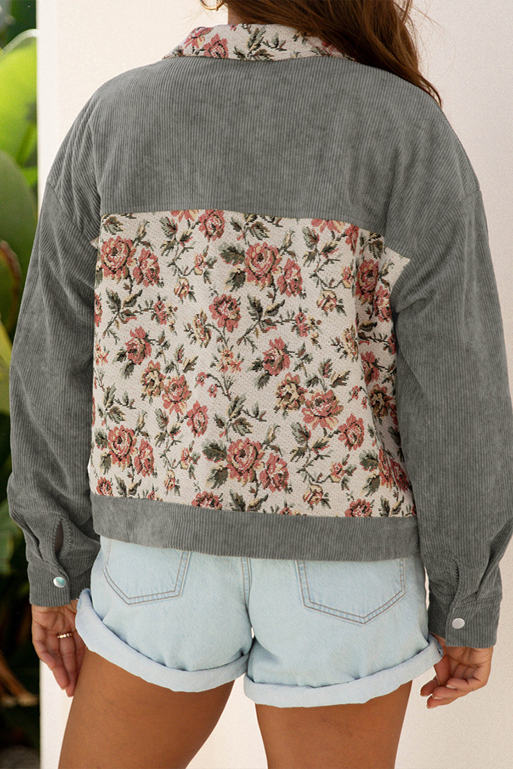 Medium Grey Corduroy Floral Patchwork Vintage Jacket Dear-Lover Dropshipping