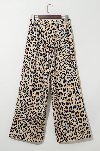 Parchment Leopard Drawstring Flowy Wide Leg Pants for Women