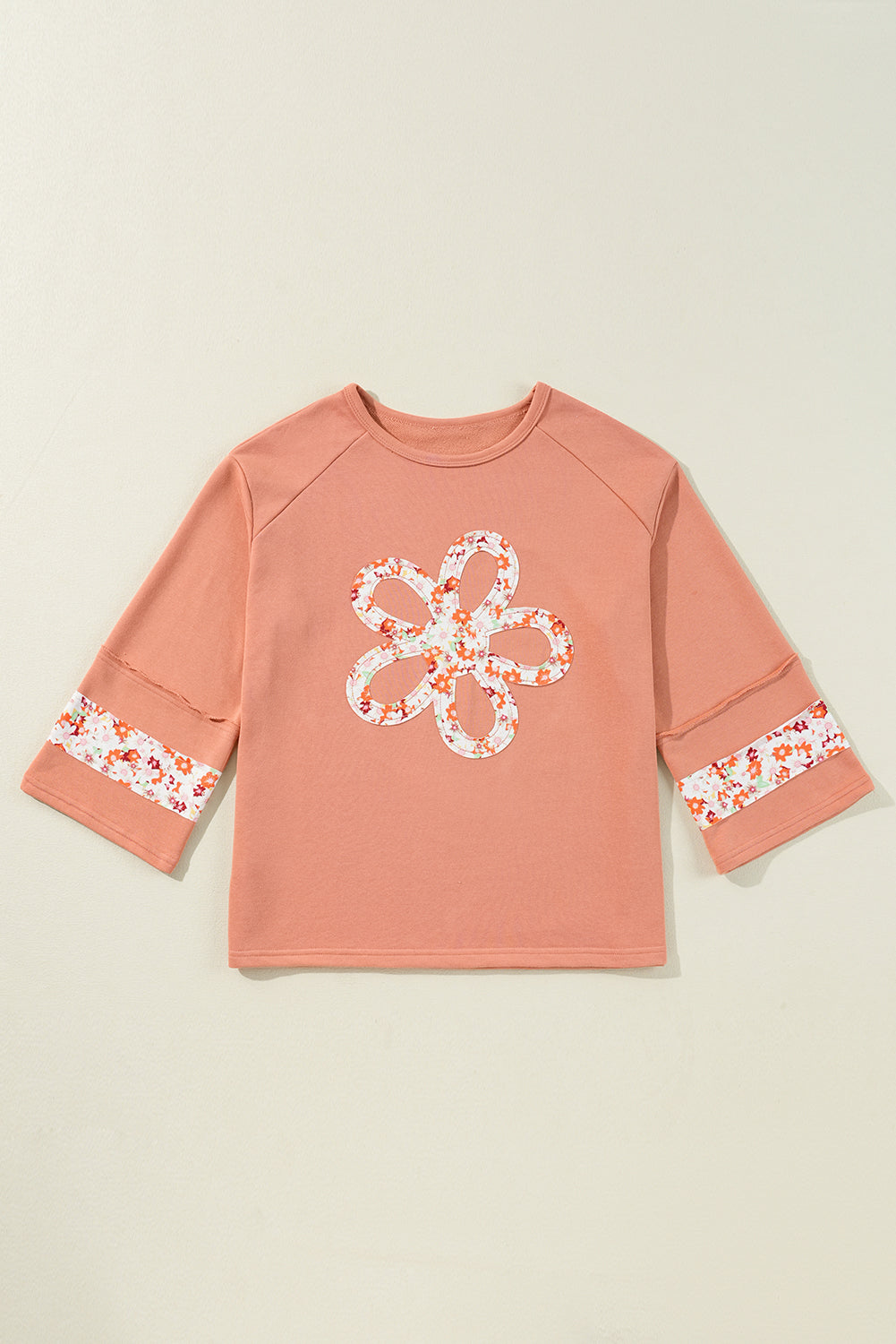 Grapefruit Orange Flower Patch Graphic Exposed Seam Wide Sleeve Top