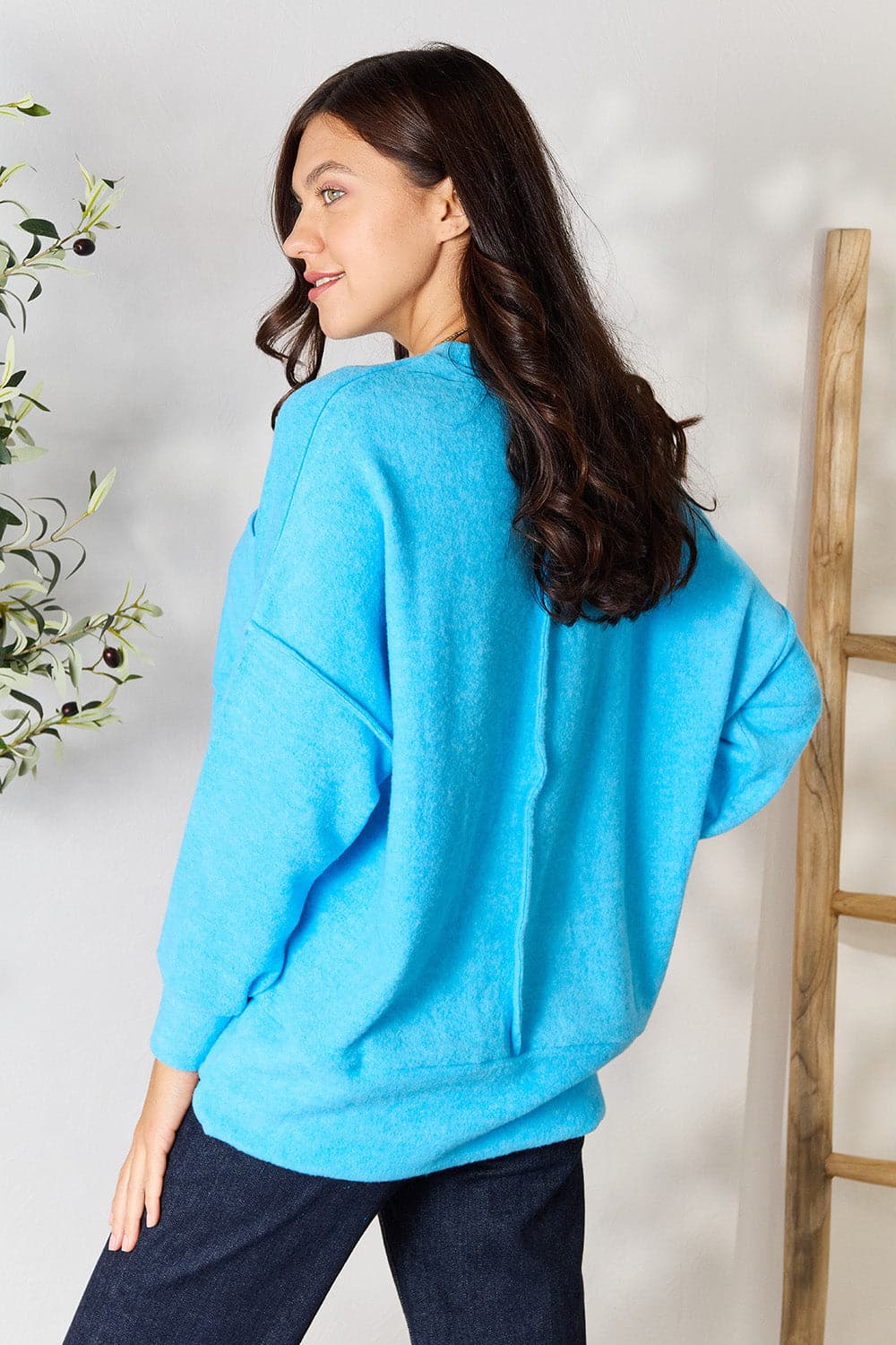 Zenana Round Neck Long Sleeve Sweater with Pocket.