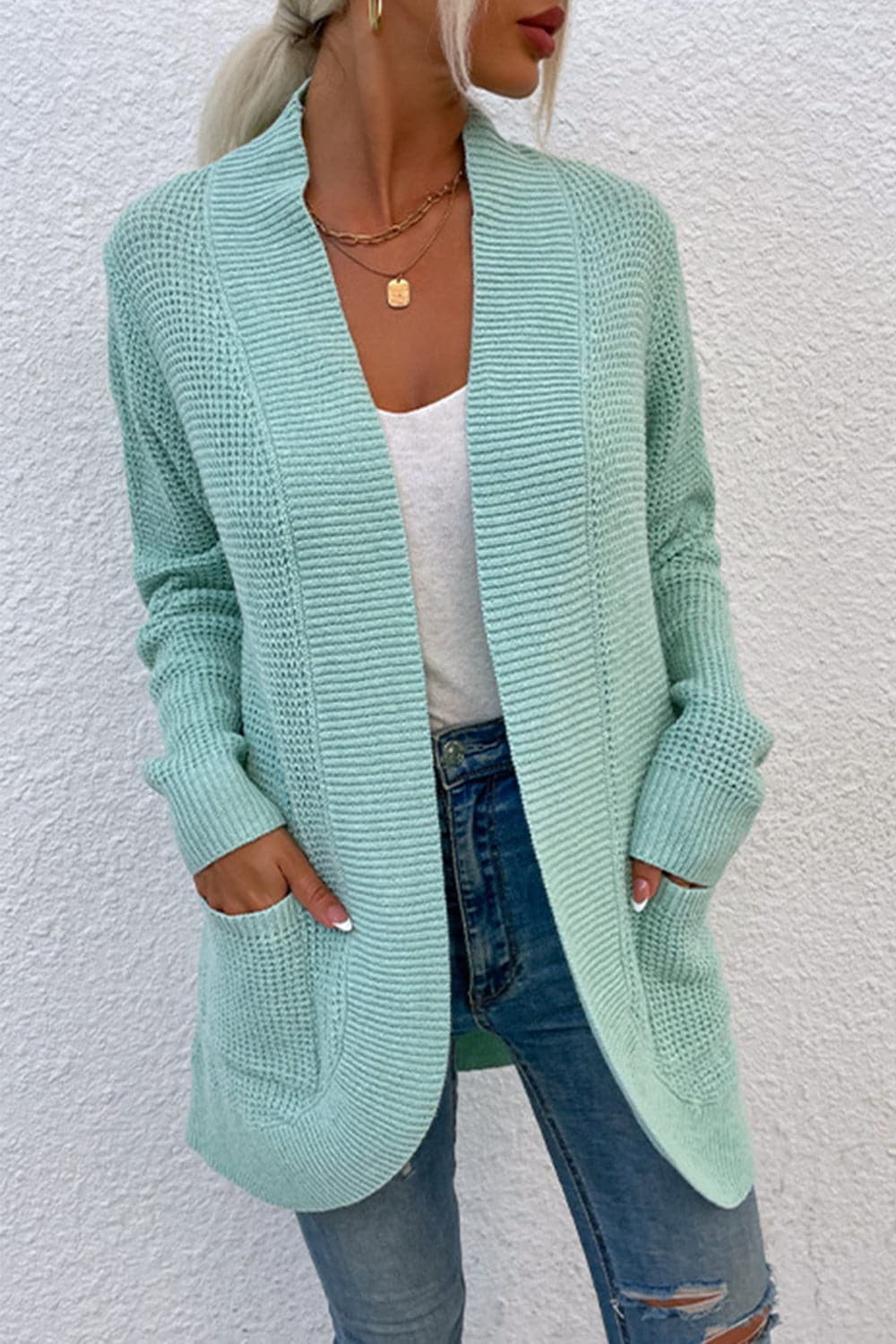 Open Front Rib-Knit Cardigan with Pockets.