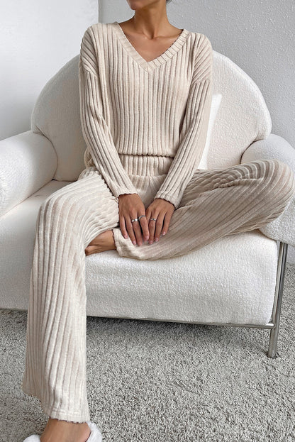 Chic khaki ribbed knit two-piece set