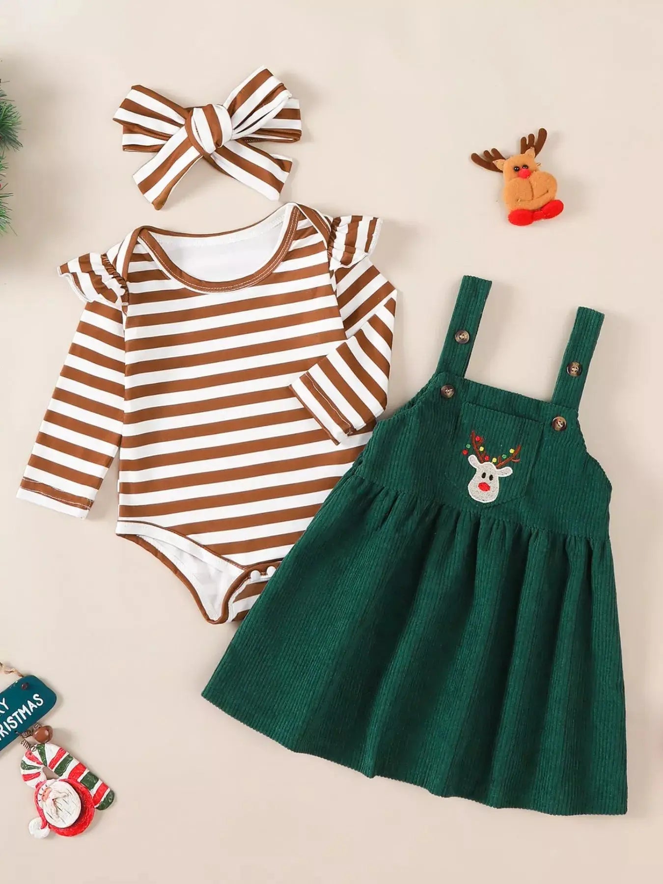 Children's Christmas Bodysuit and Overall Dress Set with Headband Simply Love