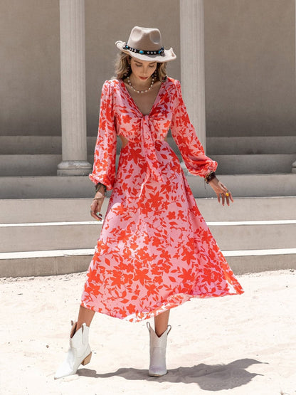 Tied Cutout Printed Long Sleeve Midi Dress.