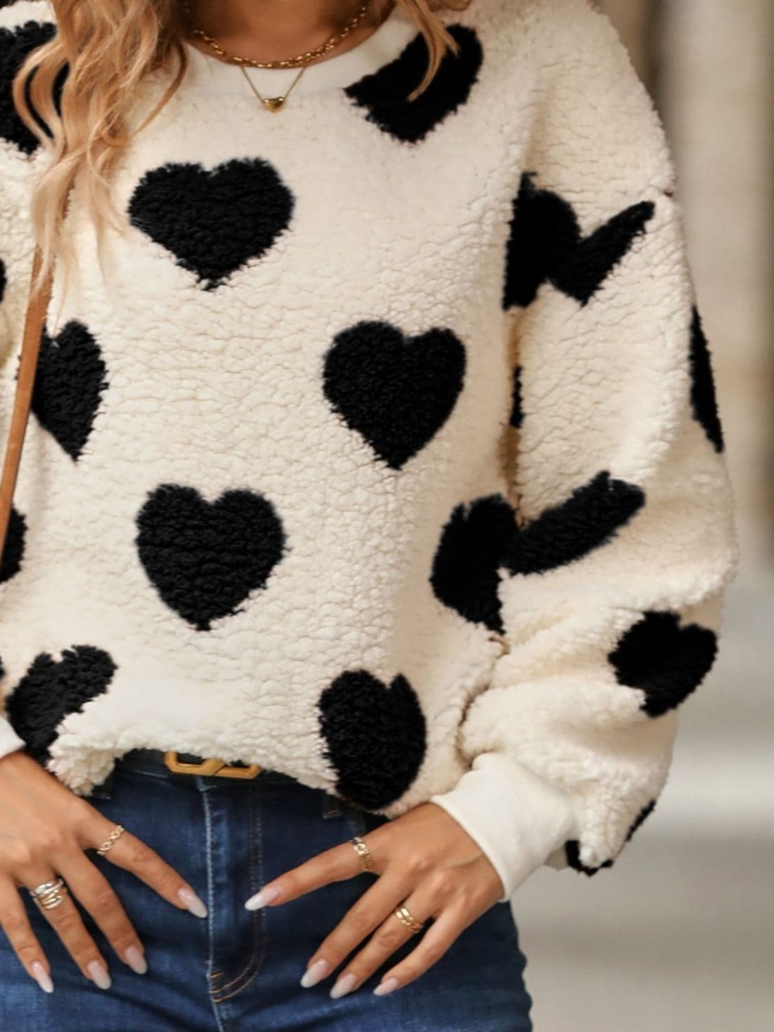 Fuzzy Heart Dropped Shoulder Sweatshirt.