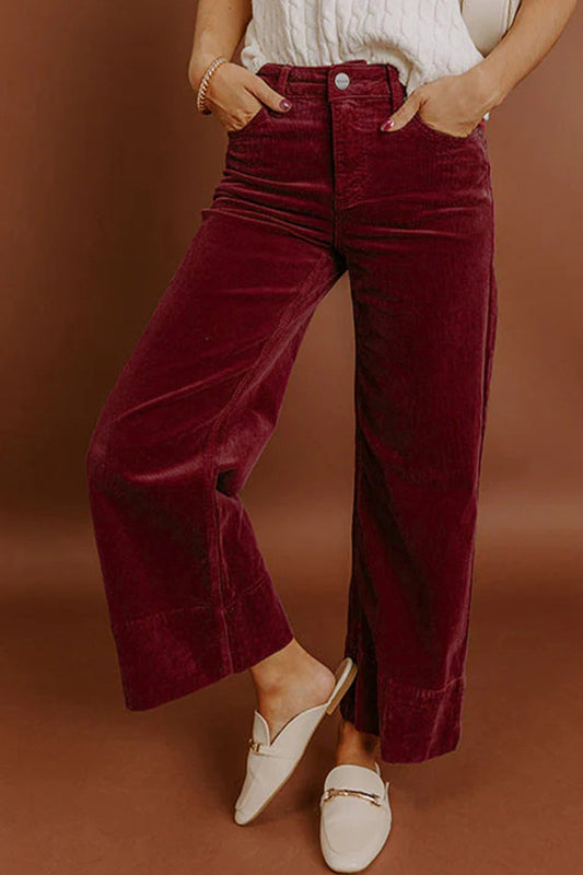 Burgundy Corduroy High Waist Wide Leg Pants for Women Dear-Lover Dropshipping