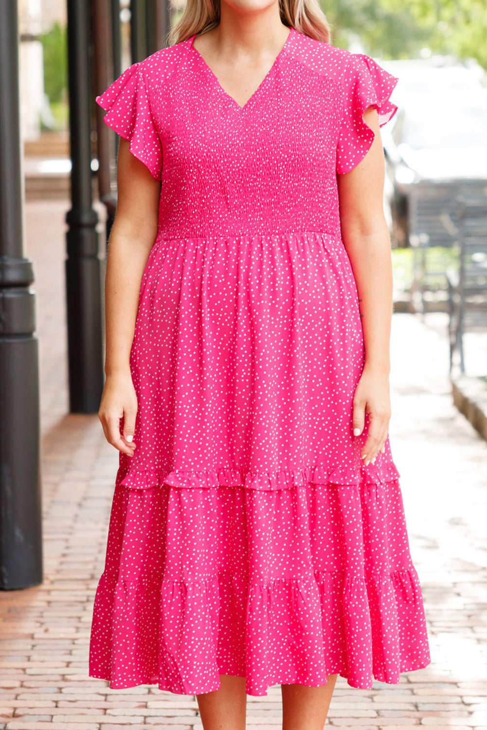 Rose Polka Dot Print Ruffled Smocked Plus Size Midi Dress Dear-Lover Dropshipping