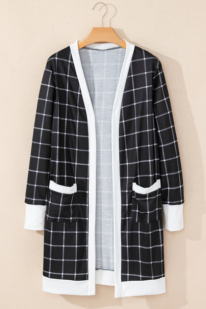 Plaid Colorblock Open Front Cardigan with Pockets in Black