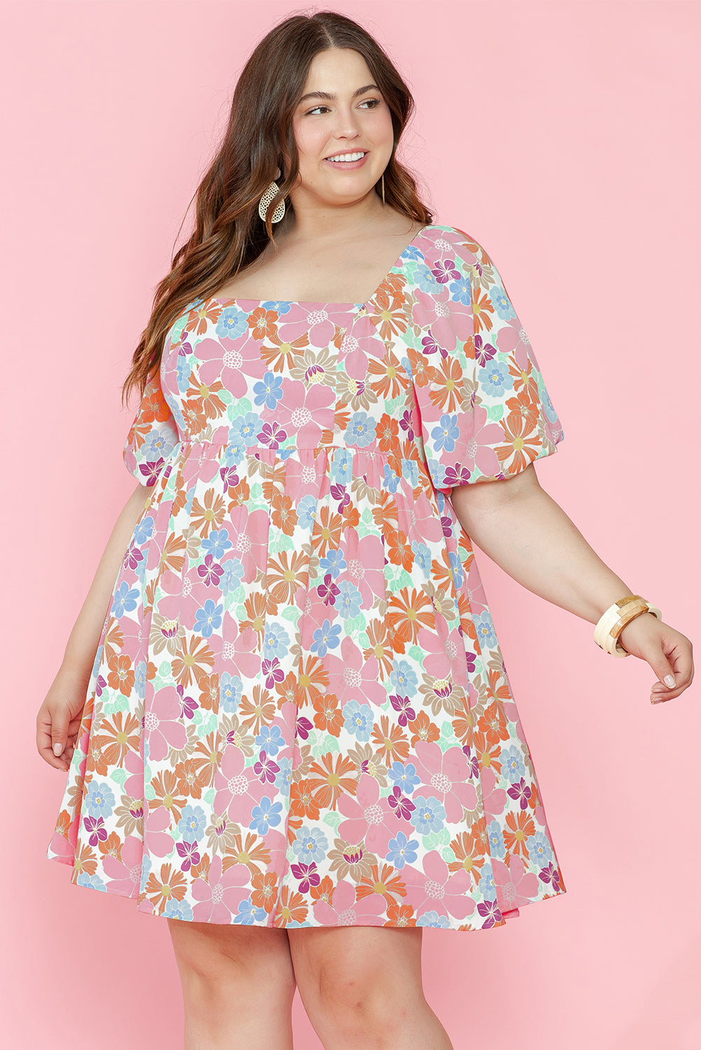 Charming multicolour floral babydoll dress with puff sleeves and square neckline