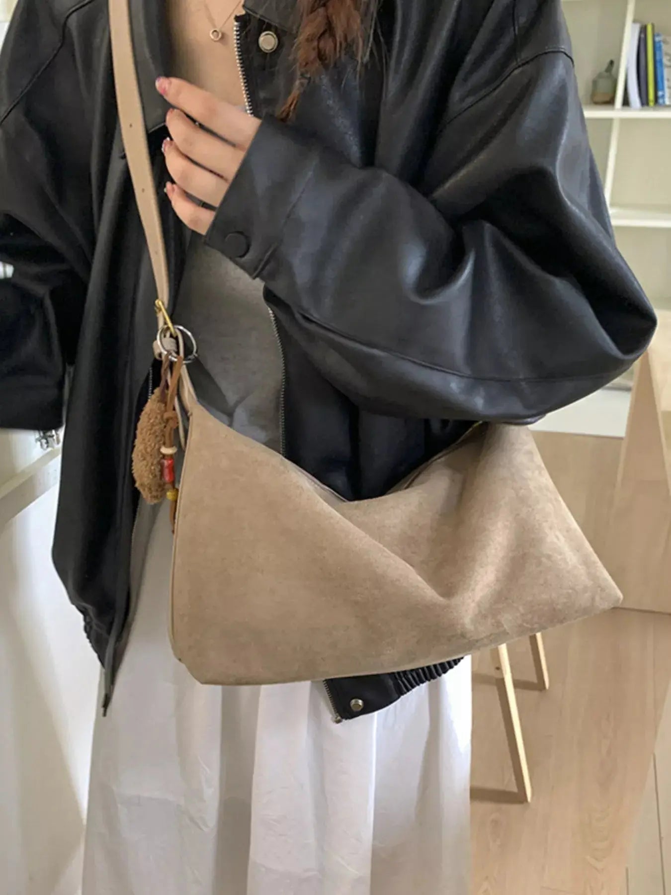 Solid Color Suede Hobo Crossbody Bag Simply Love