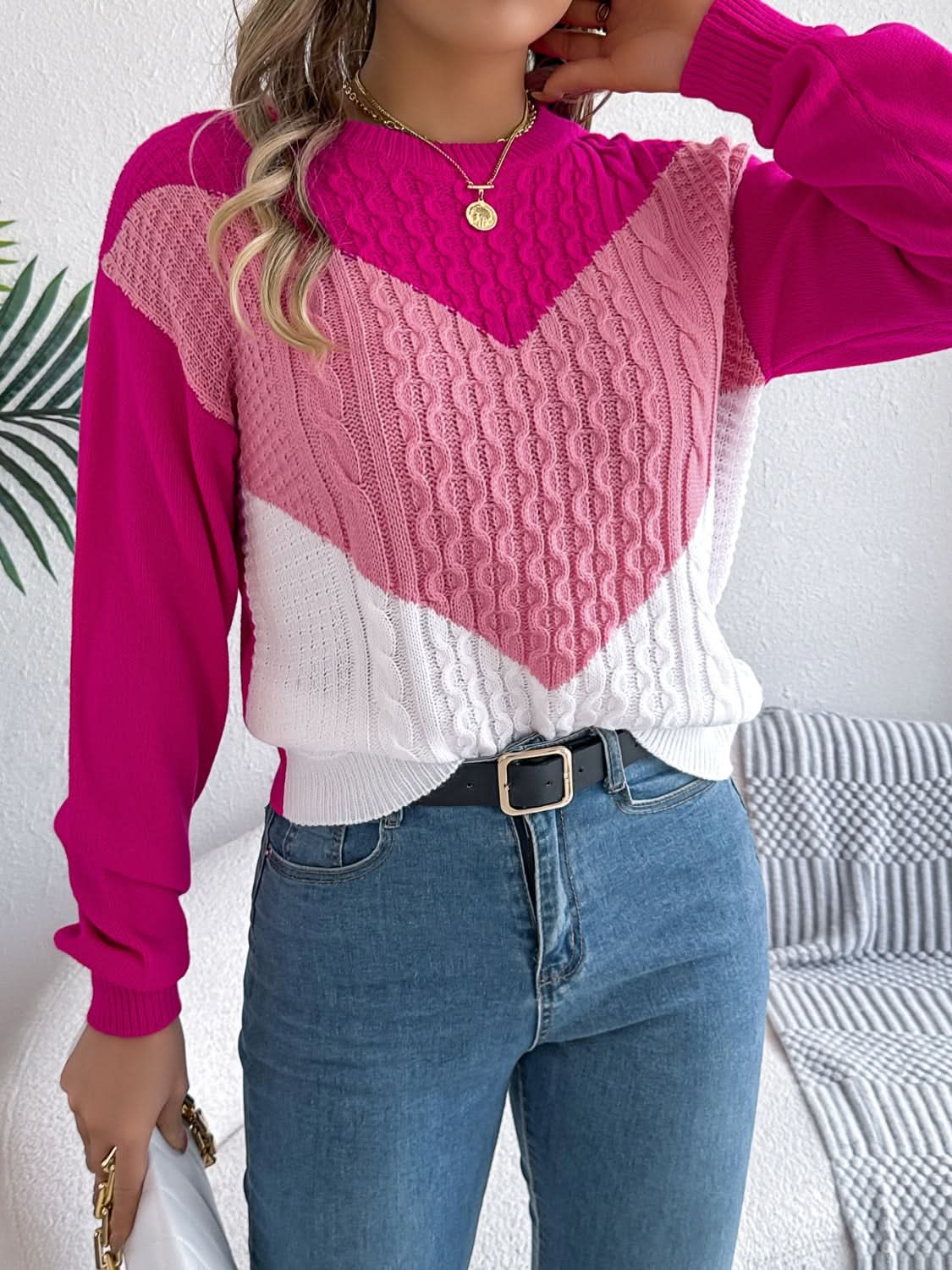 Contrast Round Neck Long Sleeve Sweater