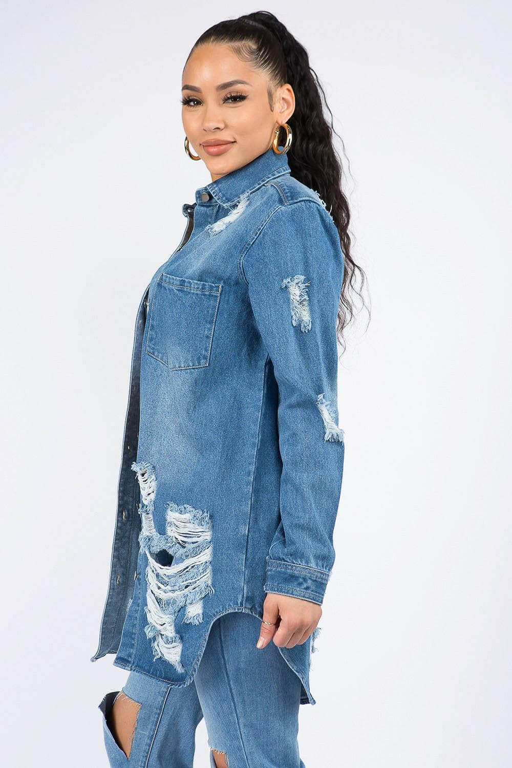 American Bazi Distressed Button Down Denim Shirt Jacket.