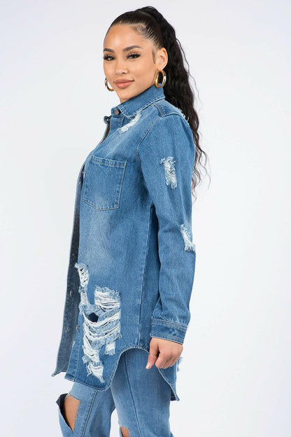 American Bazi Distressed Button Down Denim Shirt Jacket.