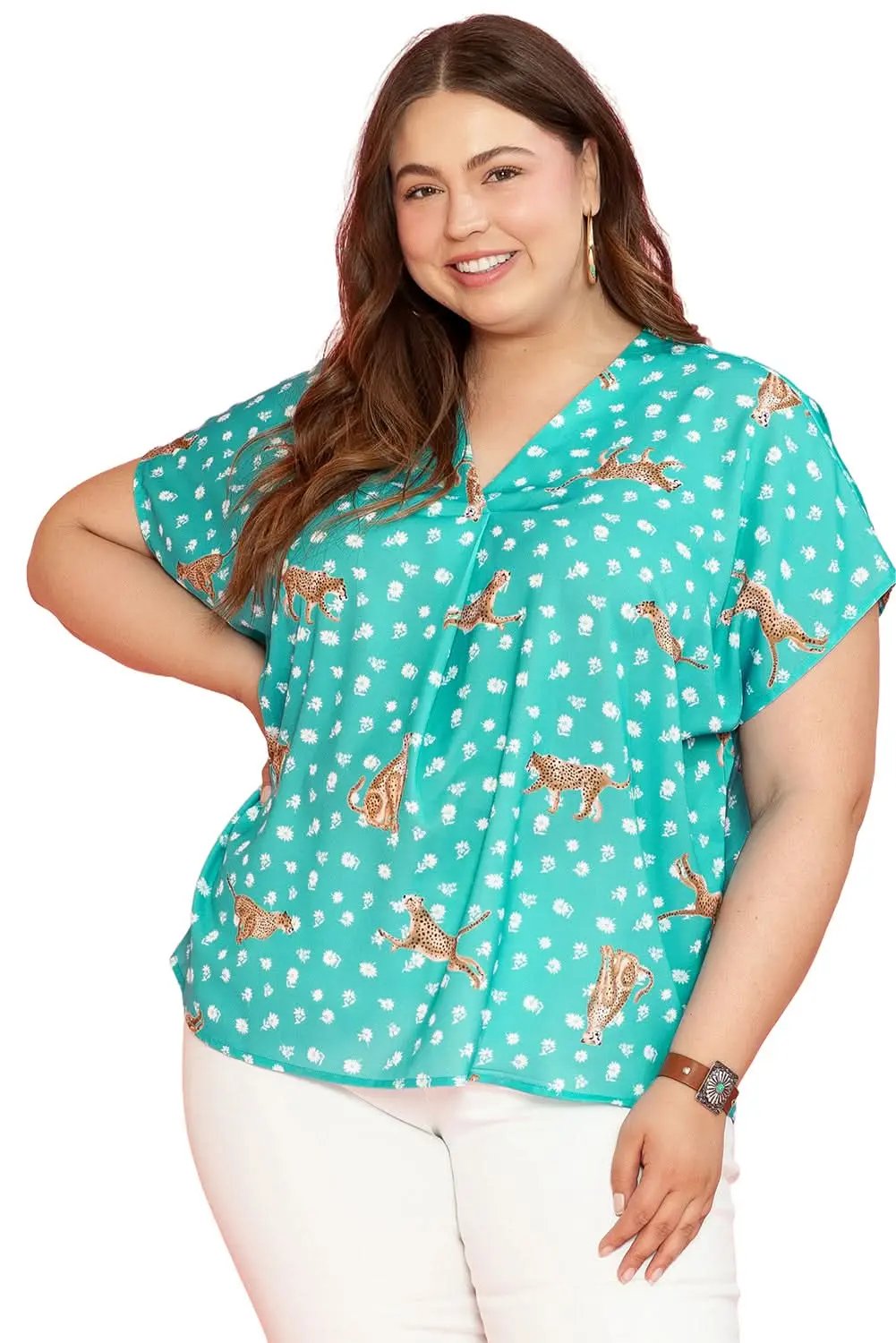 Green Cheetah Print V Neck Short Sleeve Plus Top - Love Salve 