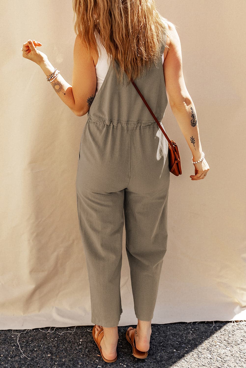 Drawstring Wide Strap Overalls with Pockets.