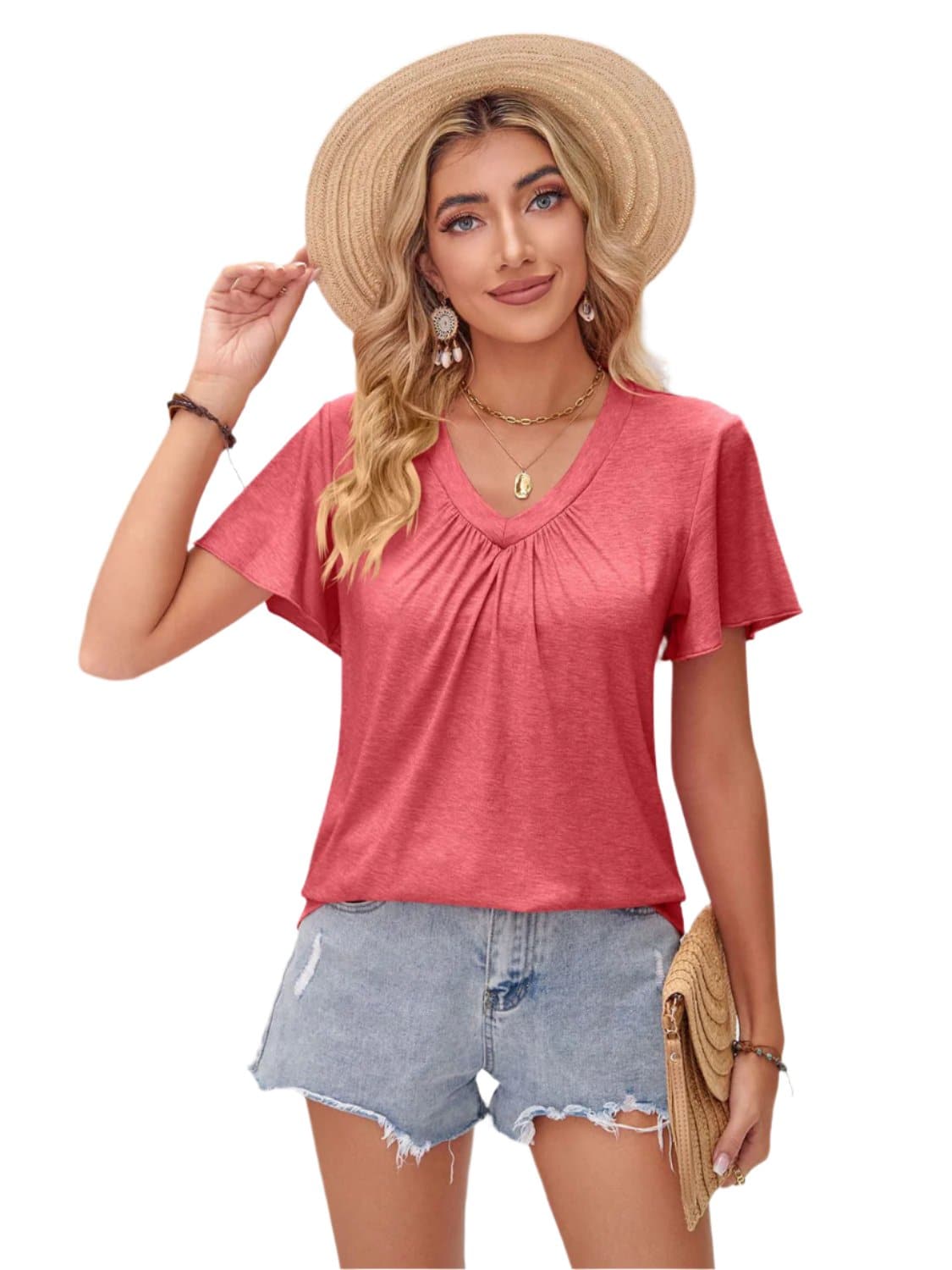 Double Take Ruched V-Neck Short Sleeve T-Shirt.