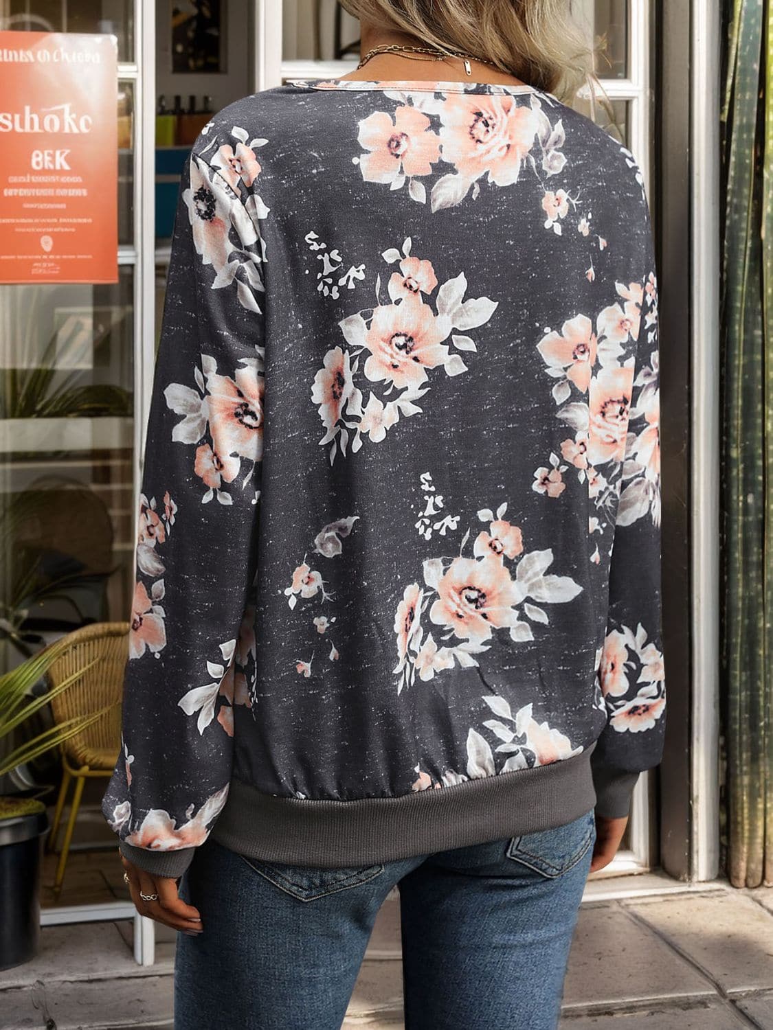 Printed V-Neck Long Sleeve Sweatshirt.