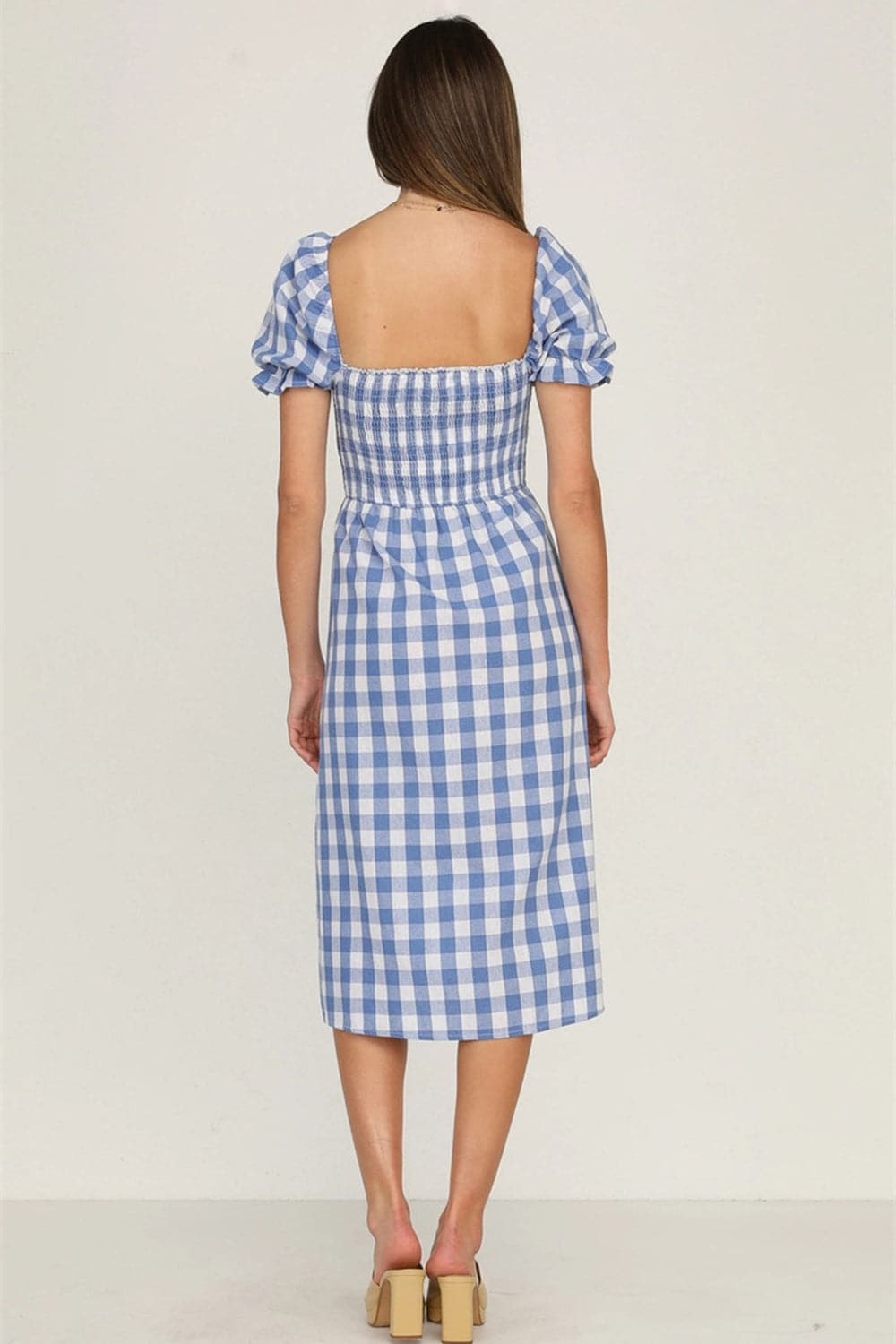 Full Size Slit Plaid Short Sleeve Midi Dress.