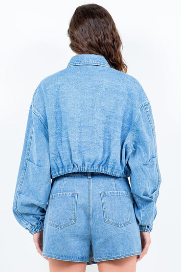 Cropped denim jacket with drawstring waist