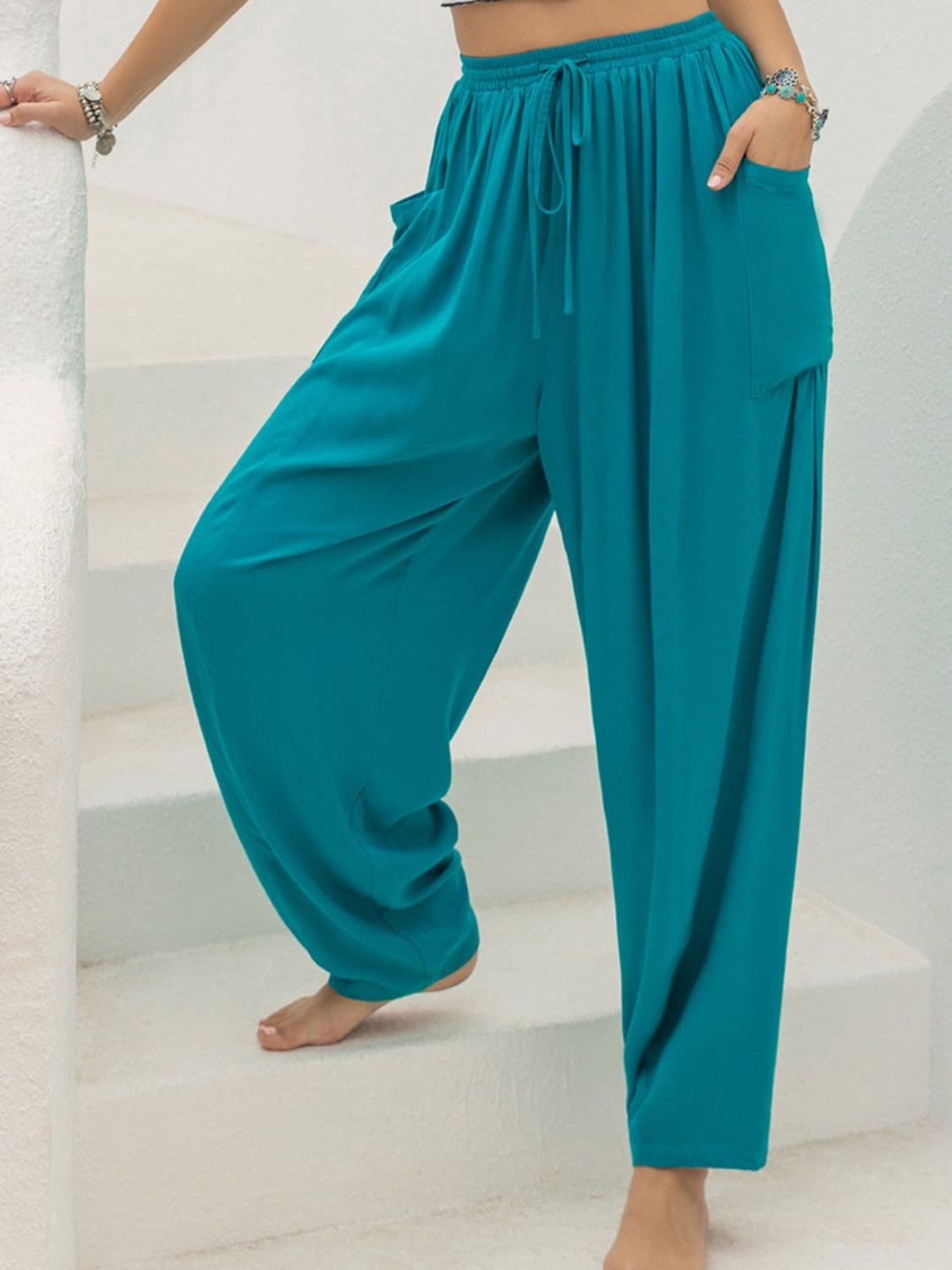 Drawstring Wide Leg Pants with Pockets.