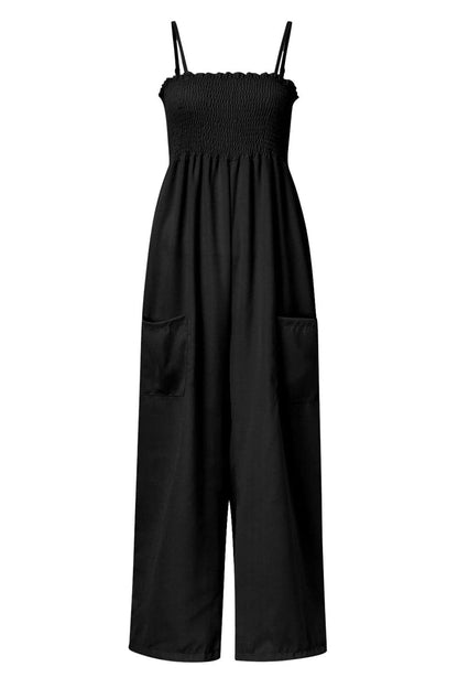 Smocked Spaghetti Strap Wide Leg Jumpsuit.