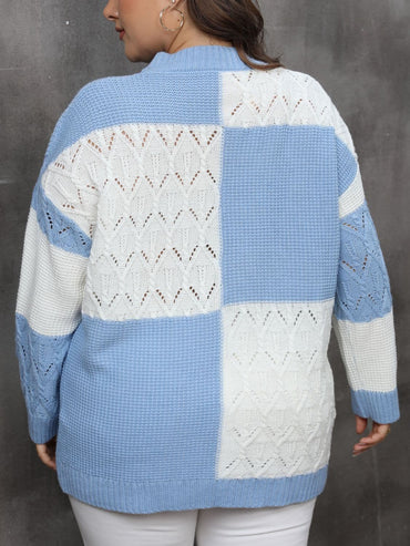 Chic Plus Size Color Block Long Sleeve Sweater with Openwork Design