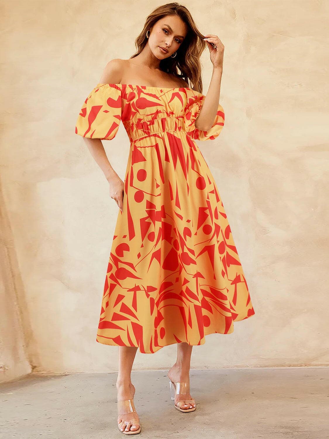 Printed Off-Shoulder Balloon Sleeve DressStep into Style with our Printed Off-Shoulder Balloon Sleeve Dress
 
 
Chic and Trendy: Elevate your wardrobe with this stylish off-shoulder dress featuring balloon Love Salve -Shoulder Balloon Sleeve DressColor