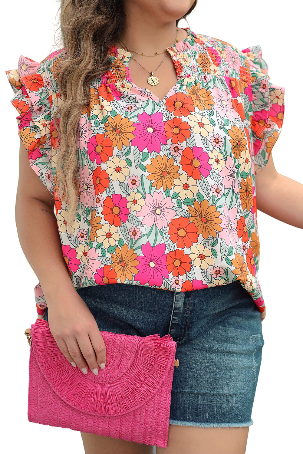 Vibrant floral plus-size ruffle sleeve blouse with notched neckline