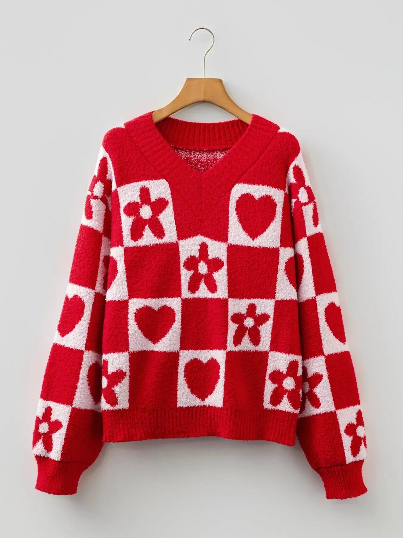 Floral Heart Checkered V-Neck Sweater Simply Love
