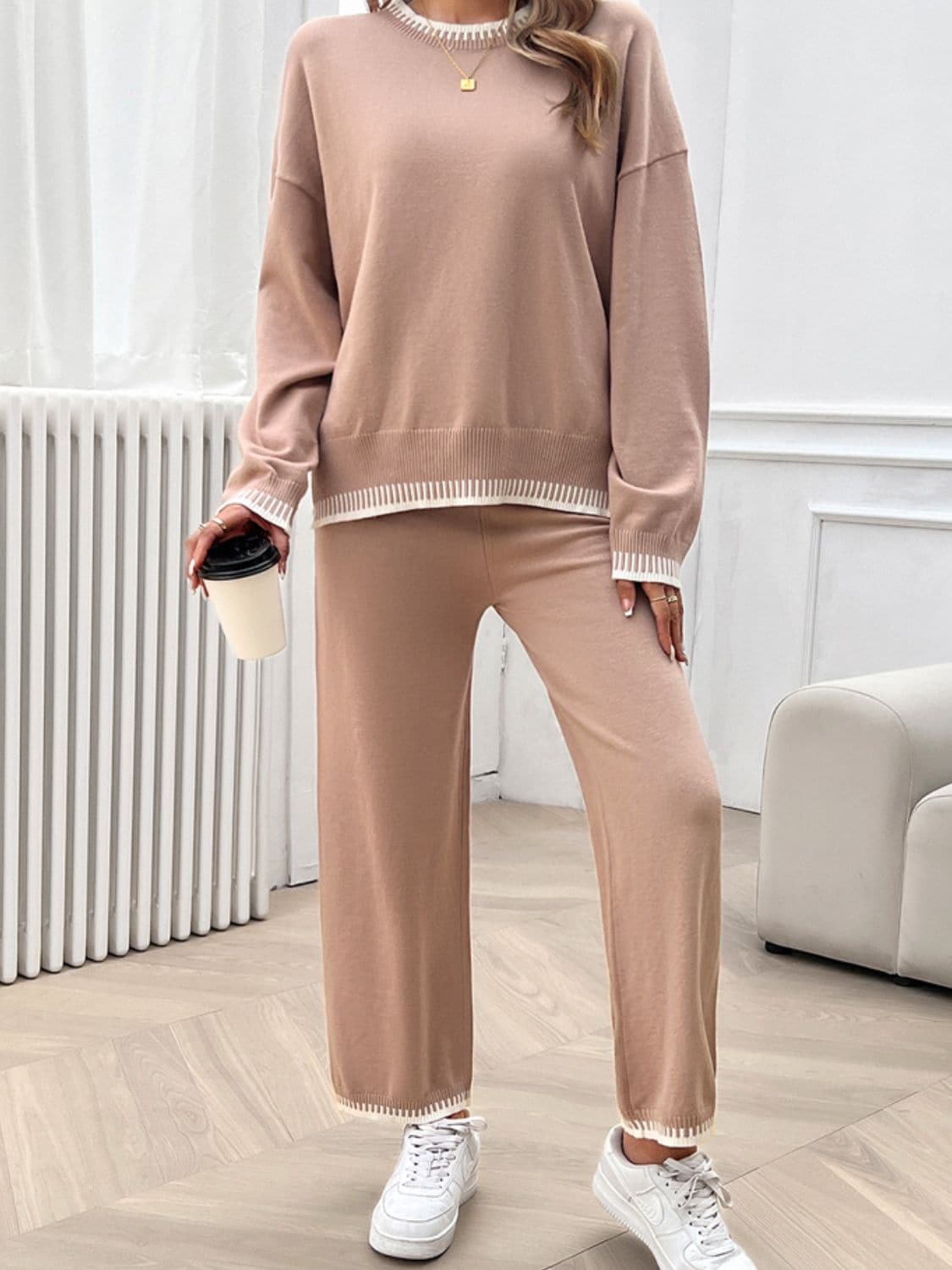 Round Neck Dropped Shoulder Top and Pants Sweater Set.