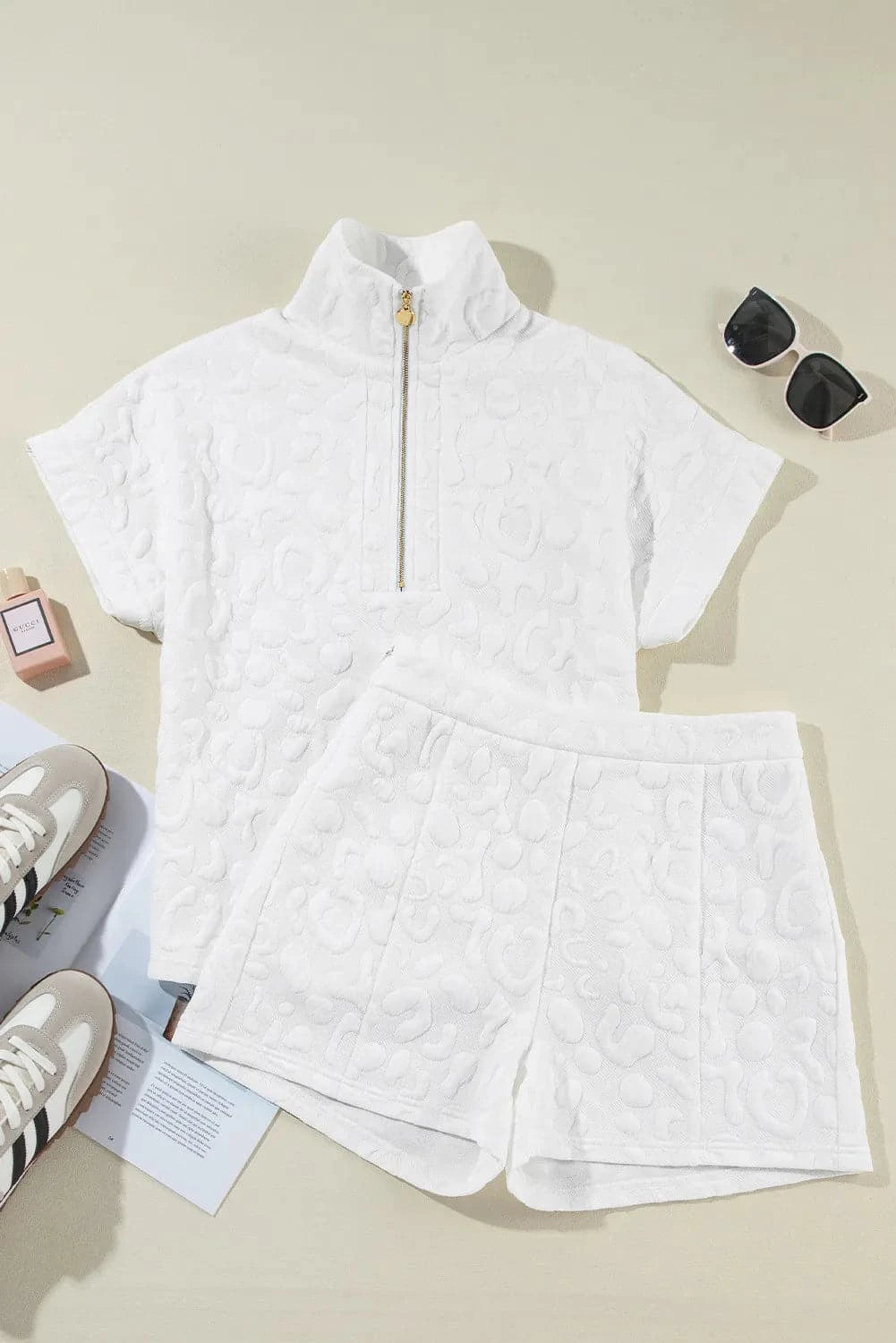 Half Zip Short Sleeve Top and Shorts Set.